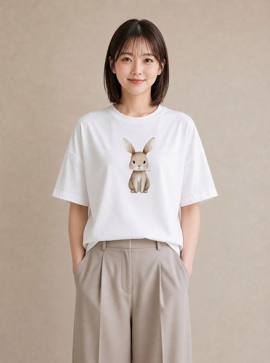 Tシャツ レディース ライオンラビット ペット 動物 イラスト ニュアンス 母の日 ビーチ 白T