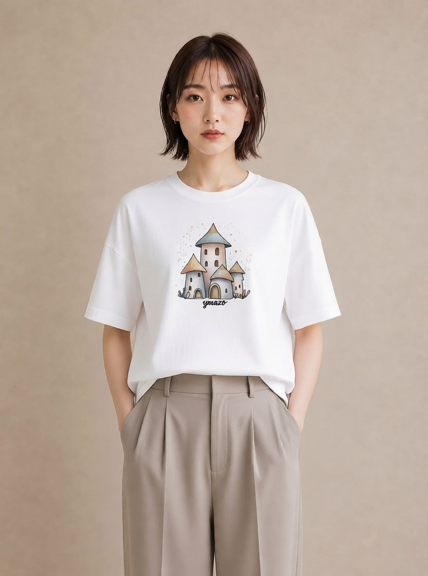半袖Tシャツ レディース 灯りの家 小屋 夜 ナチュラル アンティーク イラスト 旅行コーデ 夏コーデ 通学 白T