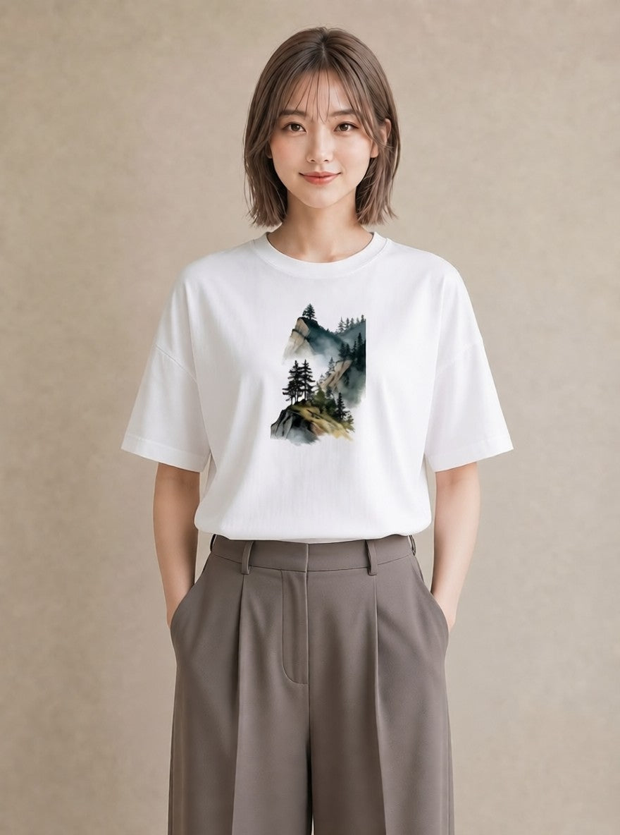 プリントTシャツ レディース 山 星空 宇宙 イラスト ラフ デイリーウェア 休日 白T