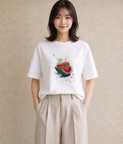 デザインTシャツ レディース すいか 食べ物 フード イラスト 個性的 旅行 母娘コーデ 白T