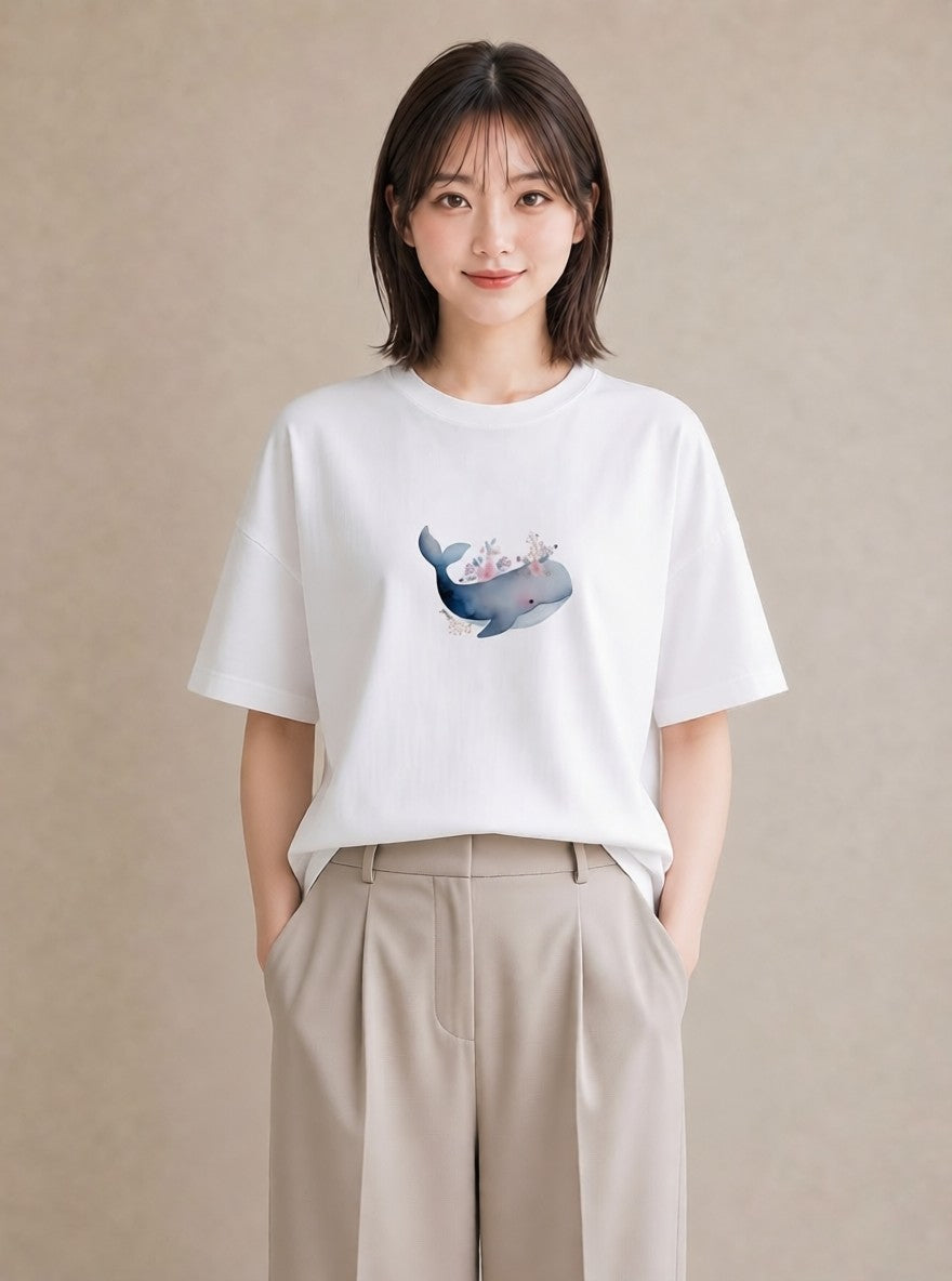半袖Tシャツ レディース イルカ 海の生き物 海 イラスト 韓国風 夏コーデ 通学 白T