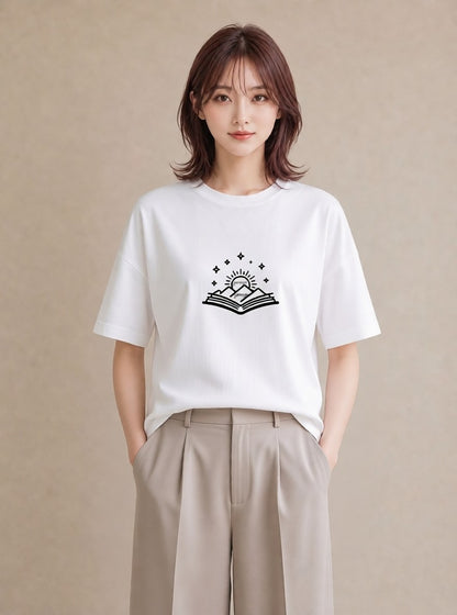 半袖Tシャツ レディース 本 読書 ブック イラスト 線画 休日 ペアコーデ 白T