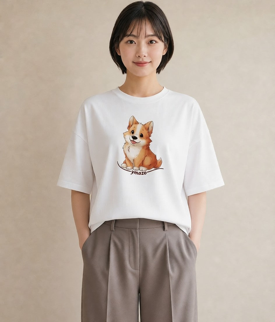 グラフィックTシャツ レディース ウェルシュコーギー コーギー 犬 いぬ イラスト 線画 自分用 ルームウェア 白T