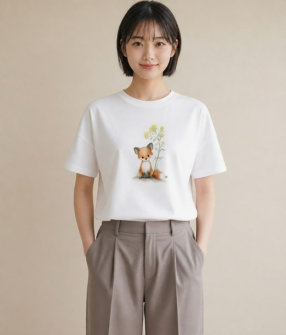 グラフィックTシャツ レディース きつね 動物 アニマル イラスト ゆるかわ 夏コーデ 通学 白T