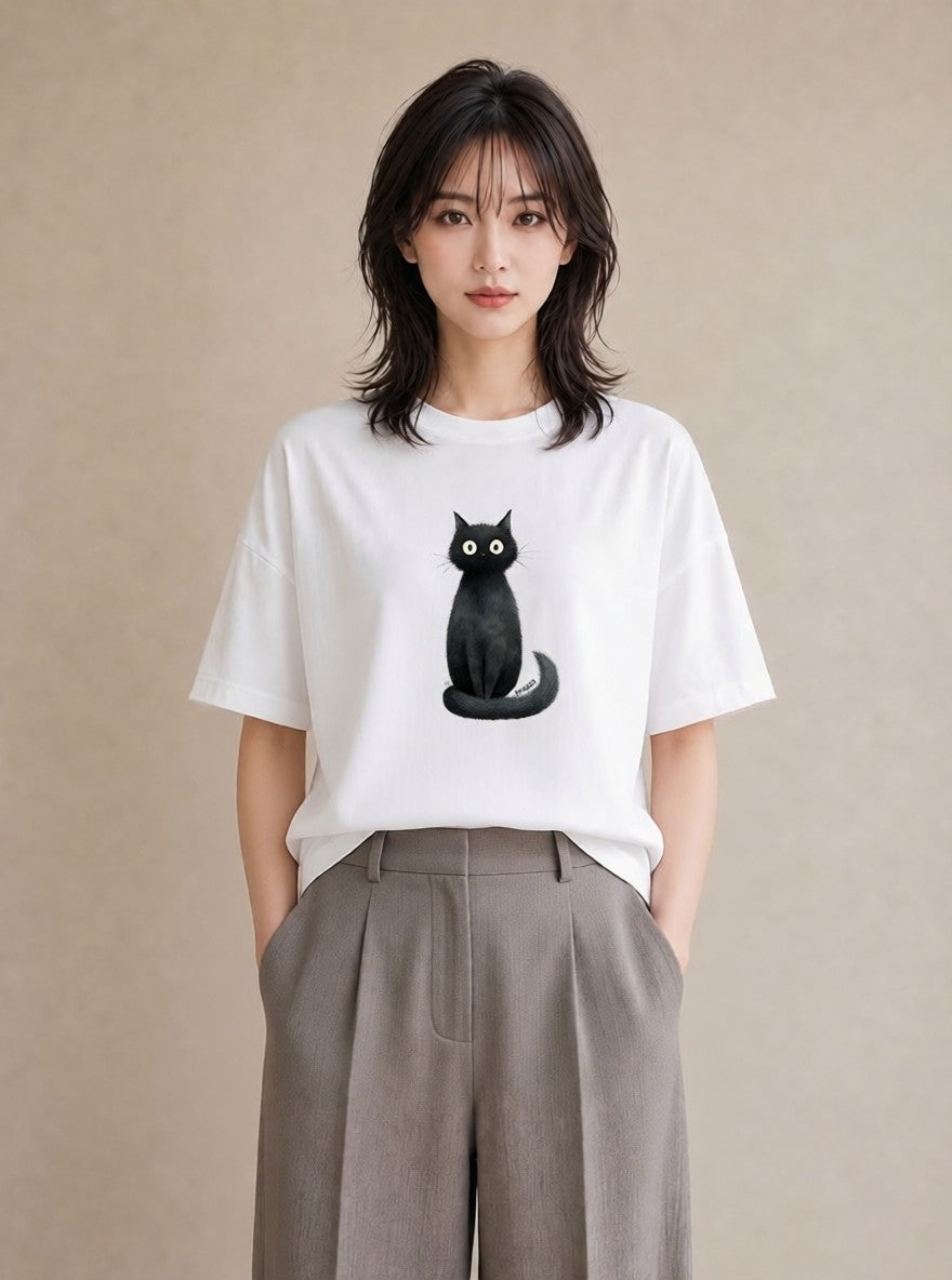 デザインTシャツ レディース 黒猫 猫 ねこ イラスト ナチュラル ママ カフェ服 白T