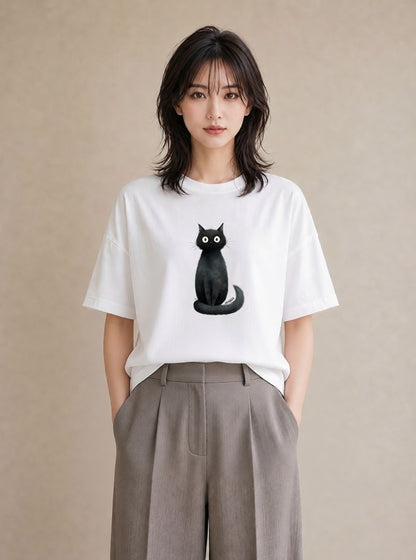 デザインTシャツ レディース 黒猫 猫 ねこ イラスト ナチュラル ママ カフェ服 白T