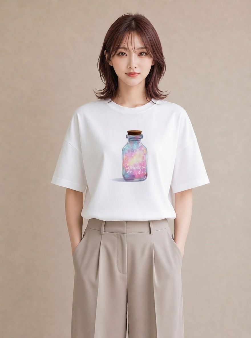 半袖Tシャツ レディース ガラス瓶 小枝 ボタニカル ナチュラル アンティーク イラスト 抜け感 自分用 ルームウェア 白T