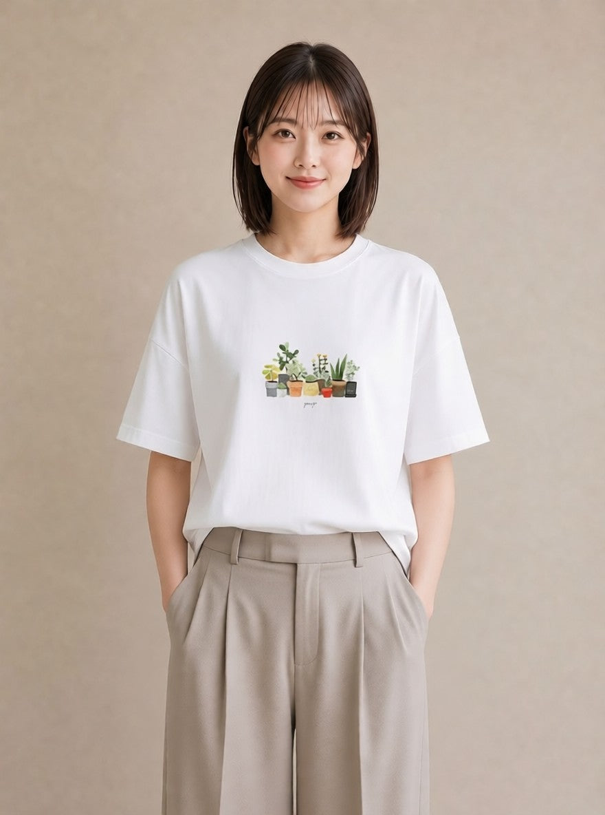 プリントTシャツ レディース 多肉植物 植物 ボタニカル イラスト 上品 母の日 ビーチ 白T