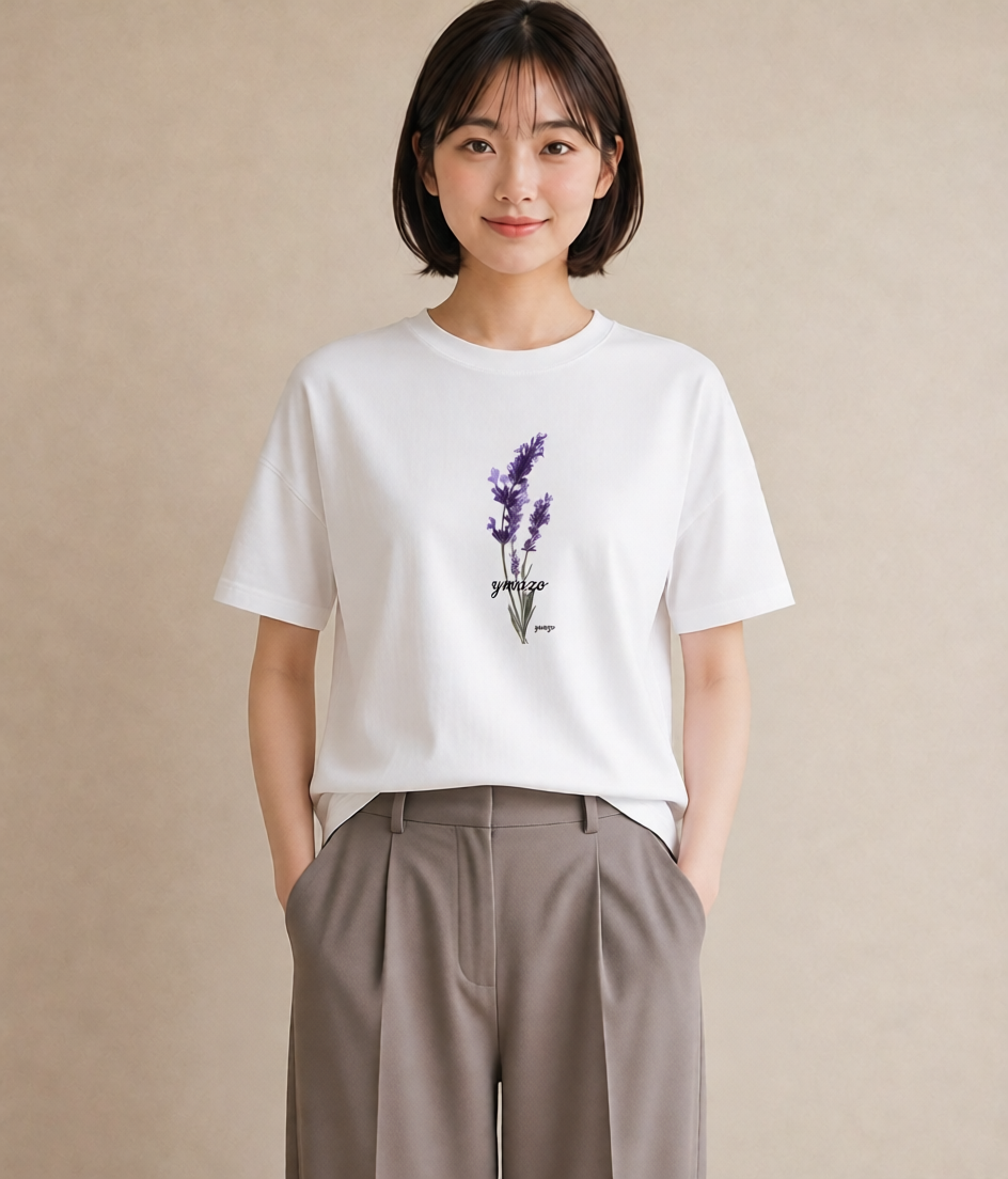 半袖Tシャツ レディース ラベンダー 花 花柄 イラスト 韓国風 綿100 デート 白T