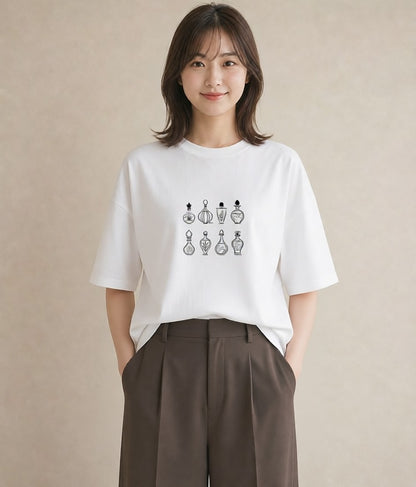 プリントTシャツ レディース 香水 香水瓶 パフューム イラスト ミニマル 秋コーデ おしゃれギフト 白T