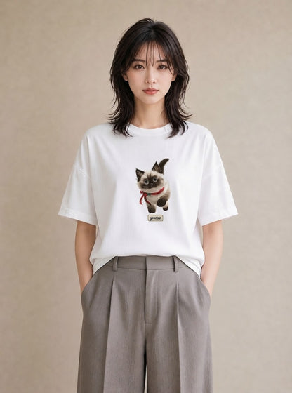 Tシャツ レディース シャム柄 猫 ねこ イラスト フェミニン 夏コーデ 通学 白T