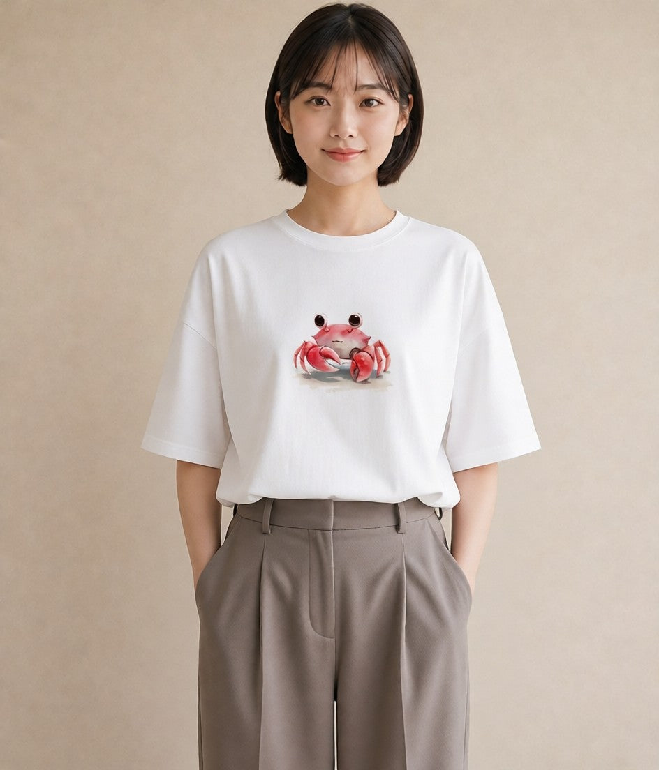 グラフィックTシャツ レディース ヤドカリ 海の生き物 海 イラスト ミニマル 自分用 ルームウェア 白T
