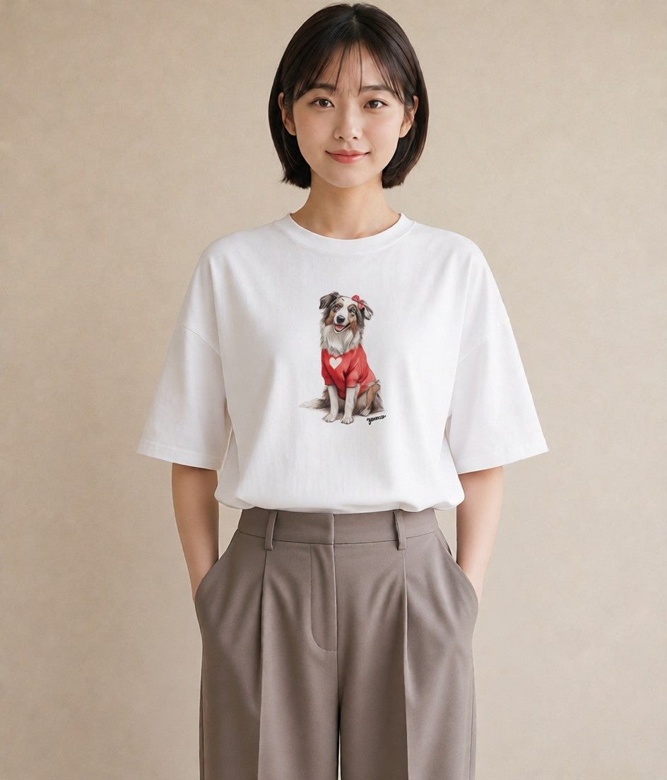 デザインTシャツ レディース ボーダーコリー 犬 いぬ イラスト アート風 カフェ服 クリスマス 白T