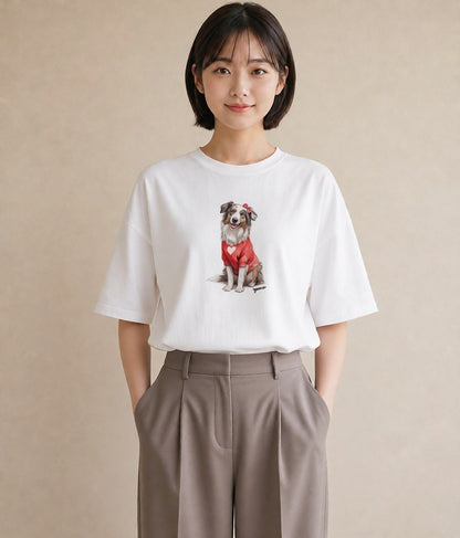 デザインTシャツ レディース ボーダーコリー 犬 いぬ イラスト アート風 カフェ服 クリスマス 白T