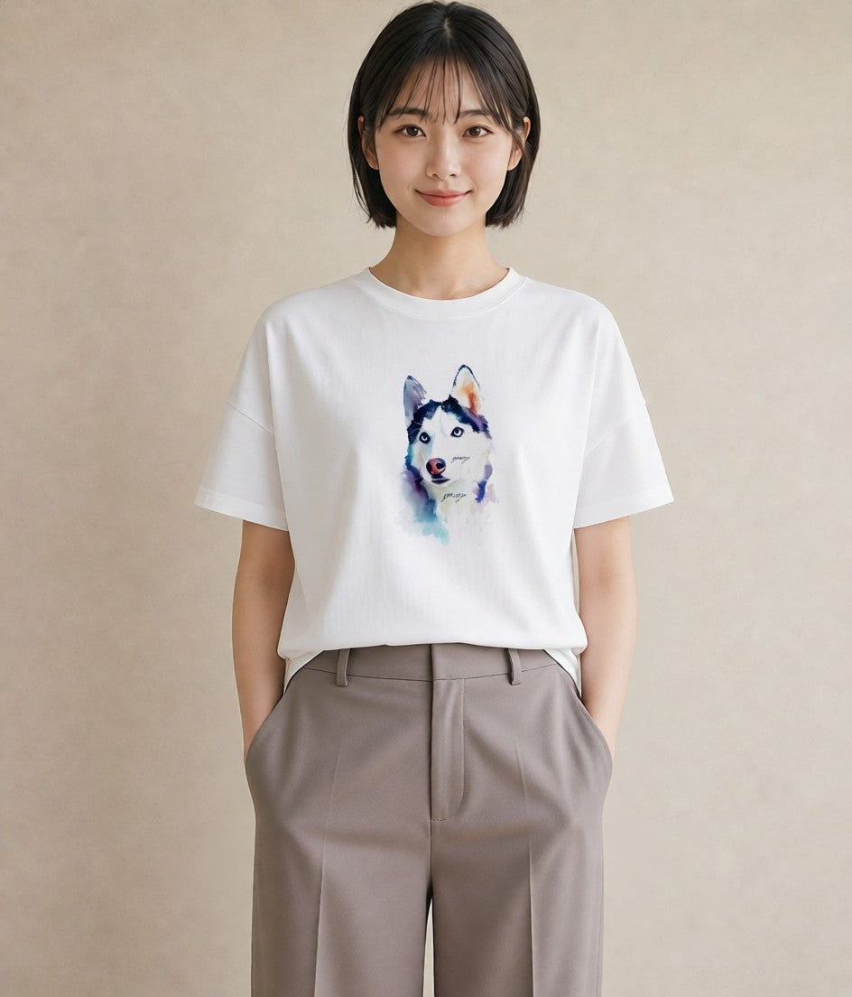 Tシャツ レディース シベリアンハスキー 犬 いぬ イラスト ラフカジュアル デイリーウェア 休日 白T