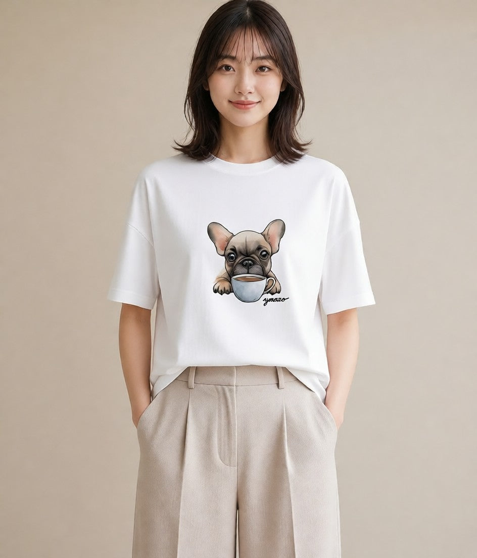 デザインTシャツ レディース フレンチブルドッグ フレブル 犬 いぬ イラスト ガーリー デート 帰省 白T
