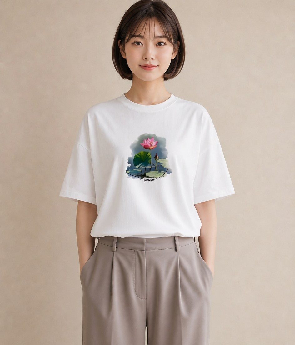 プリントTシャツ レディース 蓮 花 花柄 イラスト 線画 デイリーウェア 休日 白T