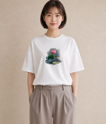 プリントTシャツ レディース 蓮 花 花柄 イラスト 線画 デイリーウェア 休日 白T