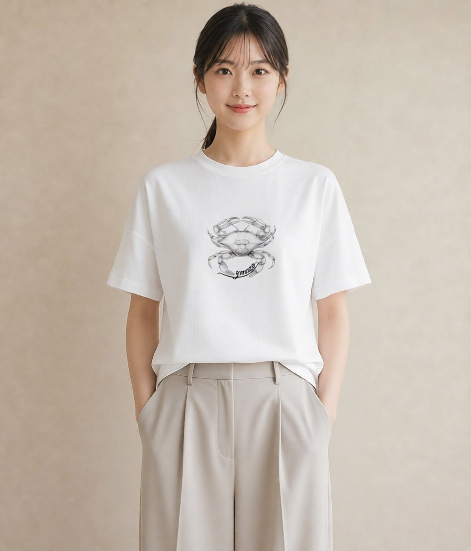 半袖Tシャツ レディース カニ 海の生き物 海 イラスト 抜け感 ママ カフェ服 白T
