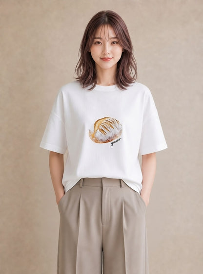 Tシャツ レディース ベーグル 食べ物 フード イラスト 線画 普段着 週末コーデ 白T