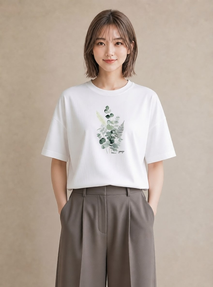 デザインTシャツ レディース シダ 植物 ボタニカル イラスト カジュアル 春服 ミセス 白T