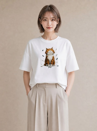 半袖Tシャツ レディース 茶トラ 茶猫 猫 ねこ イラスト シック 綿100 デート 白T