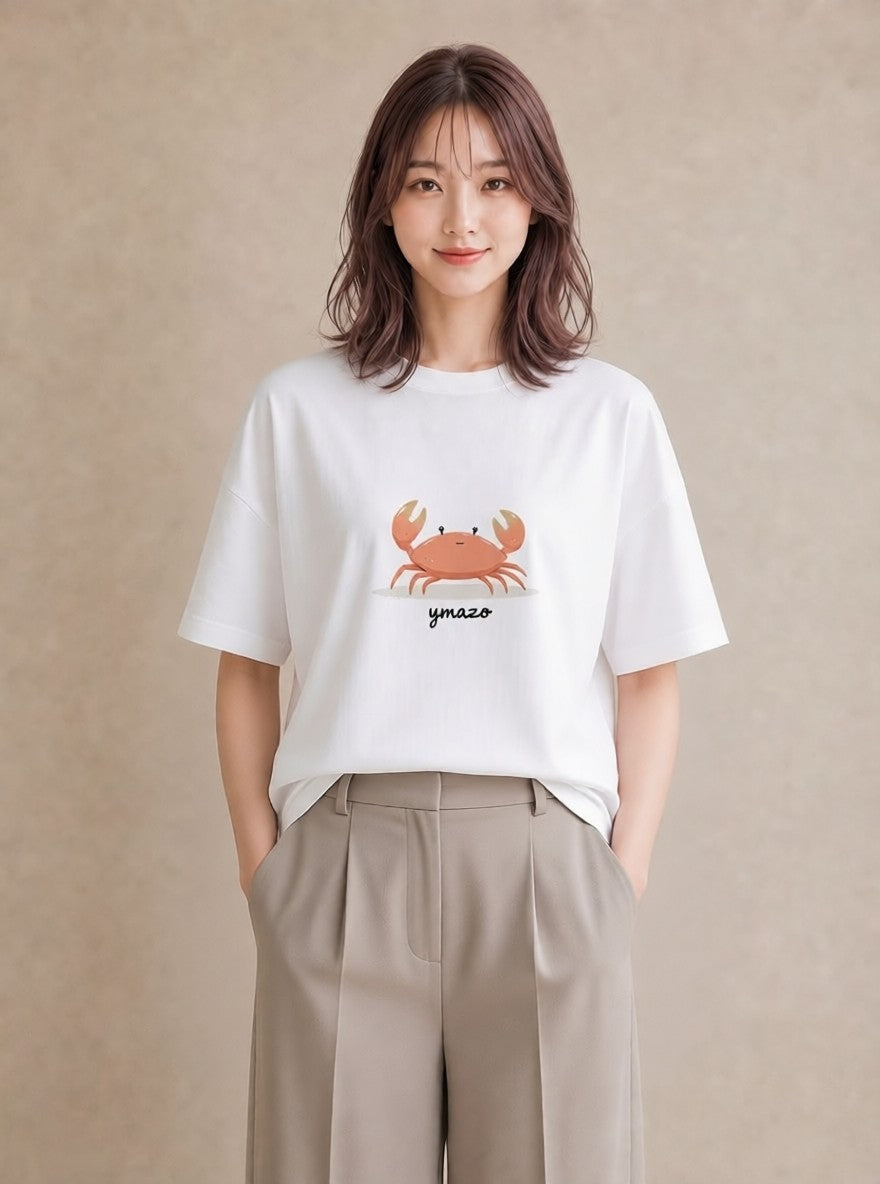 デザインTシャツ レディース カニ 海の生き物 海 イラスト ニュアンス ママ カフェ服 白T