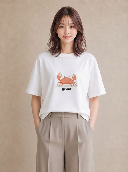 デザインTシャツ レディース カニ 海の生き物 海 イラスト ニュアンス ママ カフェ服 白T