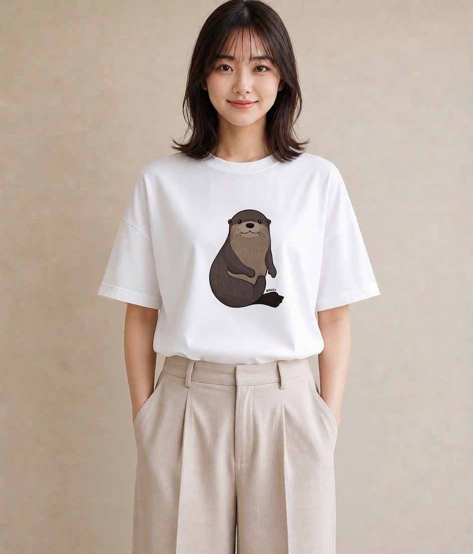 デザインTシャツ レディース ラッコ 動物 アニマル イラスト シンプル 海 カフェ巡り 白T