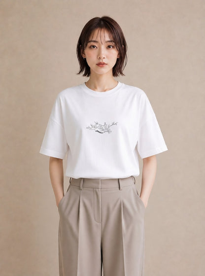 プリントTシャツ レディース さくら 桜 桜の枝 イラスト 淡色 カフェ服 クリスマス 白T