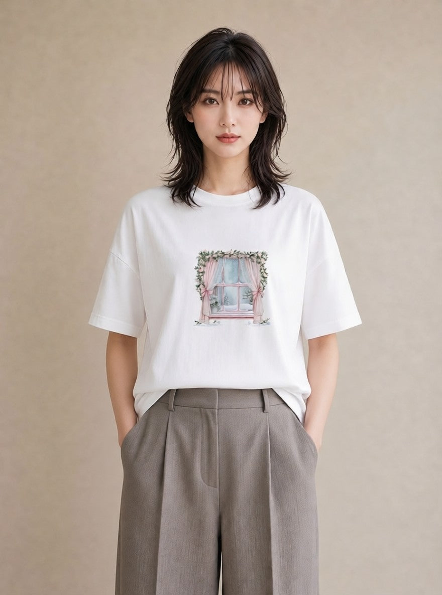 プリントTシャツ レディース 窓辺の雨 雨の日 窓 ナチュラル アンティーク イラスト こなれ感 ママ カフェ服 白T