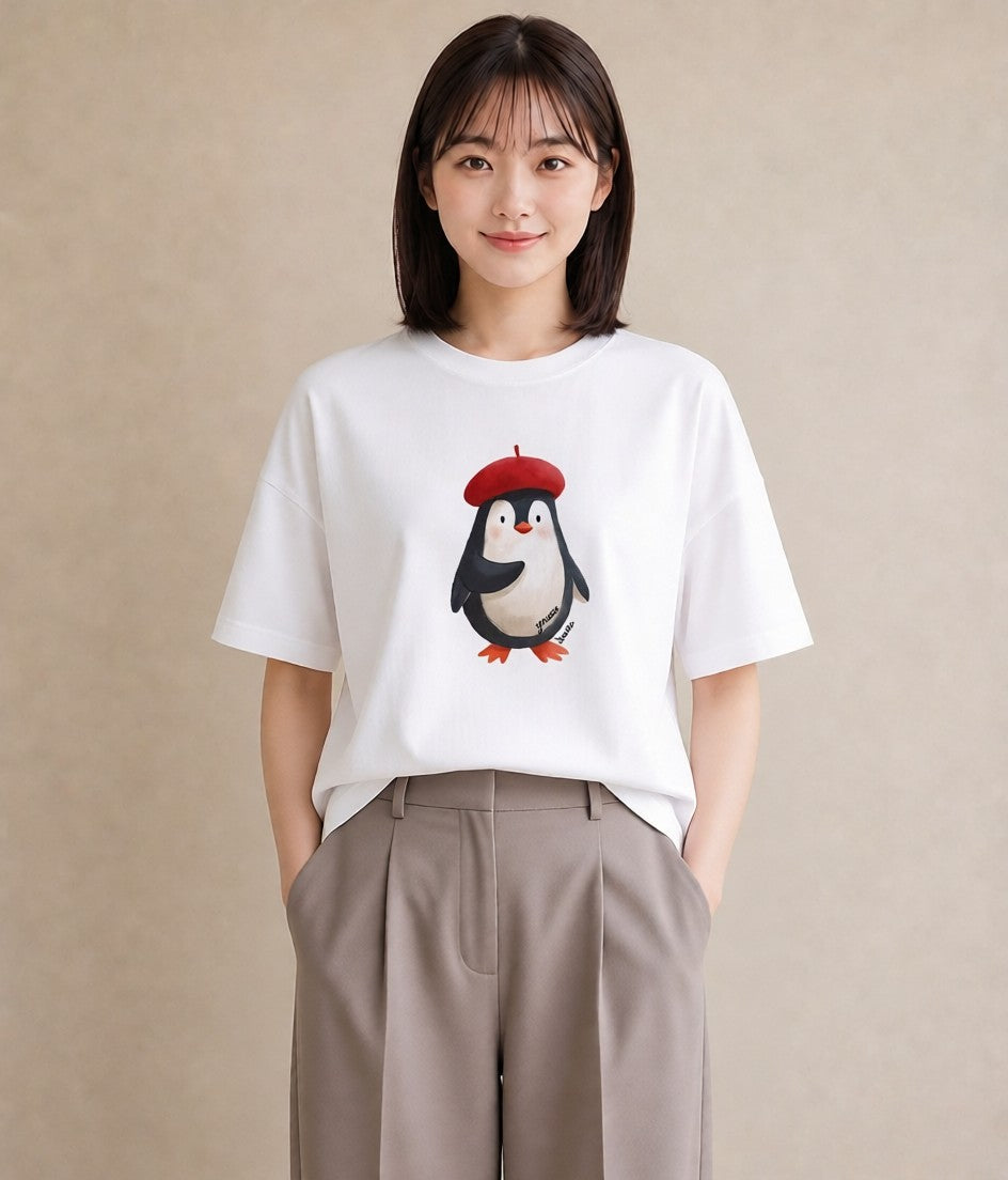 半袖Tシャツ レディース ペンギン ぺんぎん 動物 アニマル イラスト ボタニカル 誕生日プレゼント 綿100 白T
