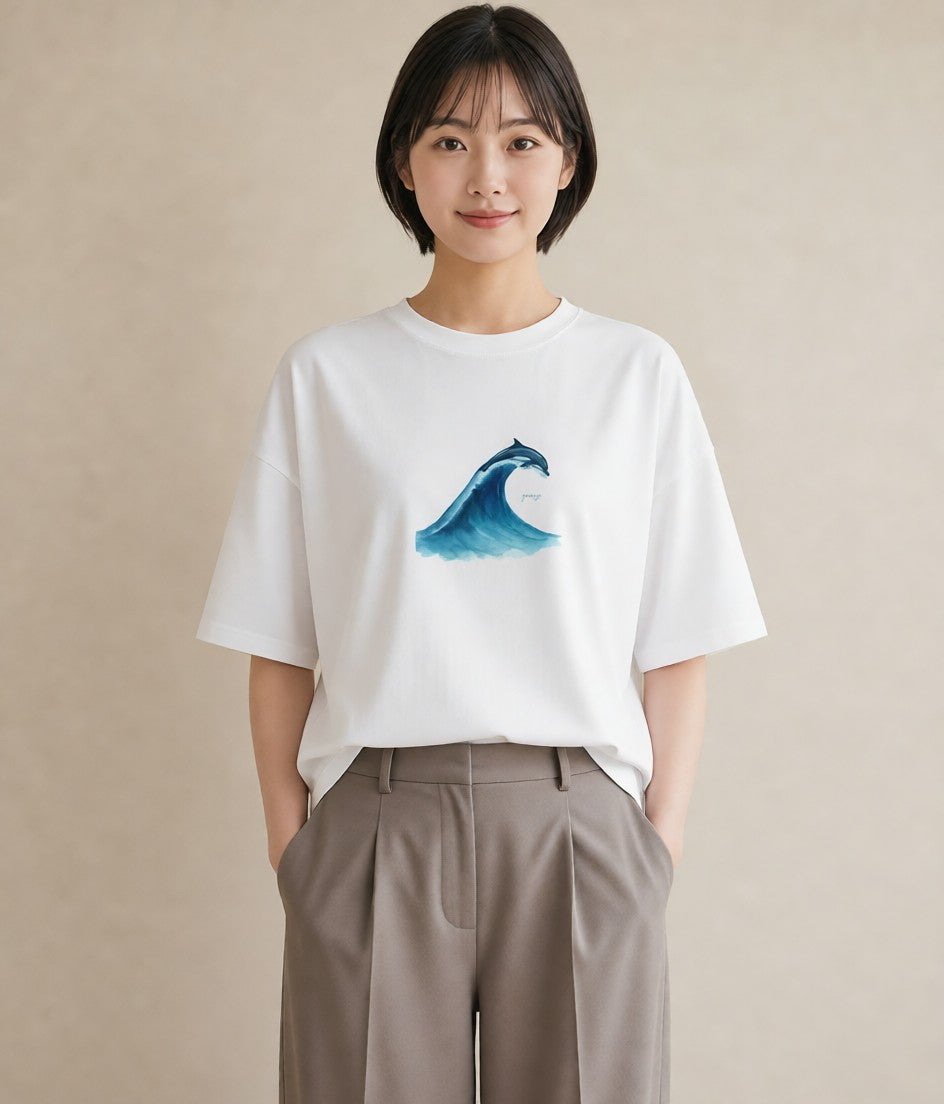 デザインTシャツ レディース 波 星空 宇宙 イラスト 淡色 カフェ巡り 女子会 白T