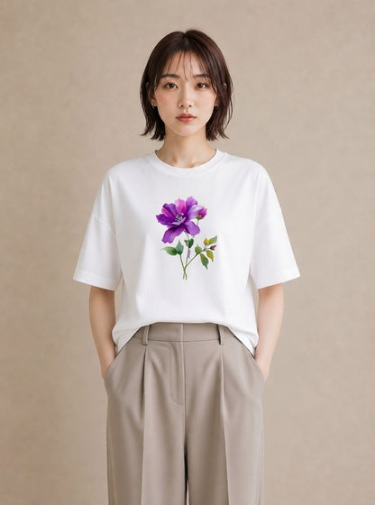 Tシャツ レディース パンジー 花 花柄 イラスト きれいめカジュアル 休日 ペアコーデ 白T