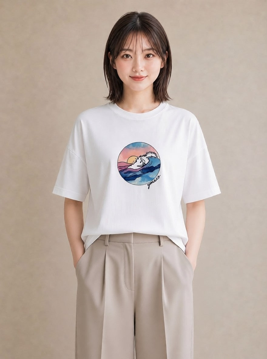 半袖Tシャツ レディース 波 星空 宇宙 イラスト 水彩風 おしゃれギフト 社会人 白T