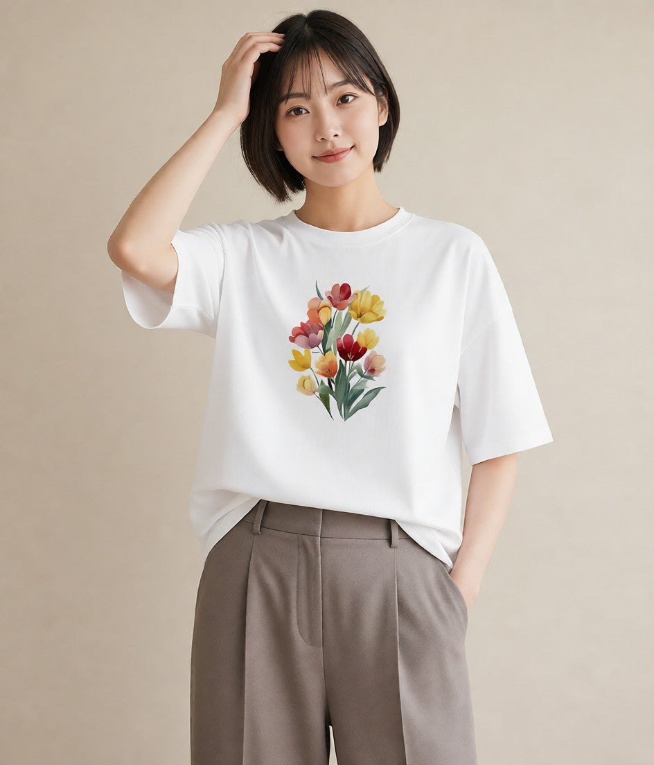 プリントTシャツ レディース チューリップ 花 花柄 イラスト 水彩風 お出かけ 普段着 白T