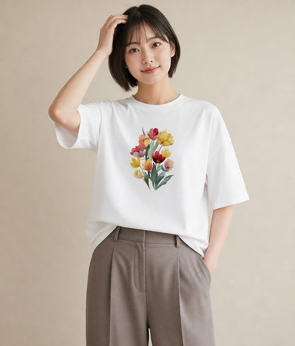 プリントTシャツ レディース チューリップ 花 花柄 イラスト 水彩風 お出かけ 普段着 白T