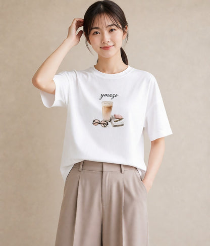 デザインTシャツ レディース カフェオレ 食べ物 フード イラスト ユニーク 通勤 在宅 白T