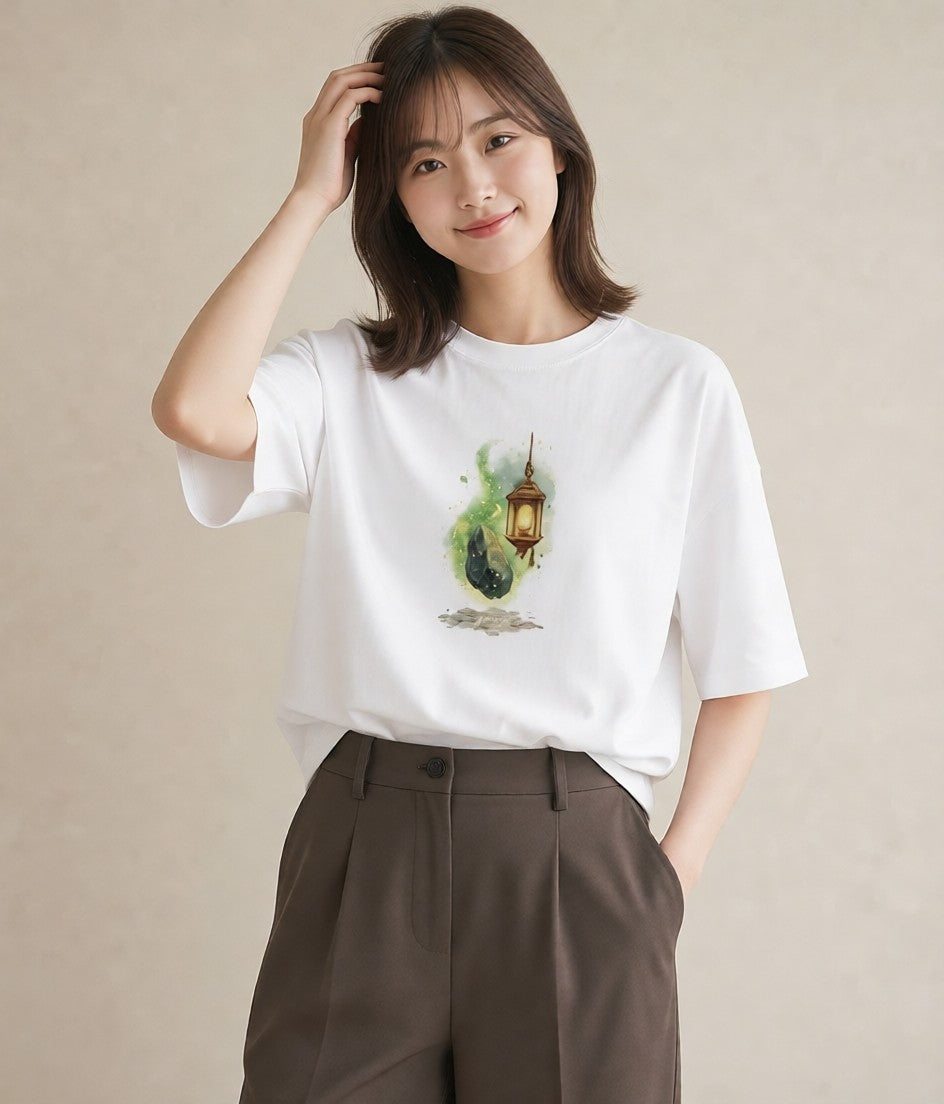 Tシャツ レディース 街灯 夜霧 夜 ナチュラル アンティーク イラスト ゆるかわ 姉妹 送別ギフト 白T
