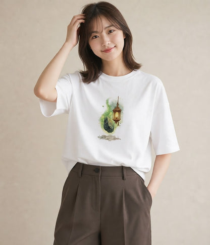 Tシャツ レディース 街灯 夜霧 夜 ナチュラル アンティーク イラスト ゆるかわ 姉妹 送別ギフト 白T
