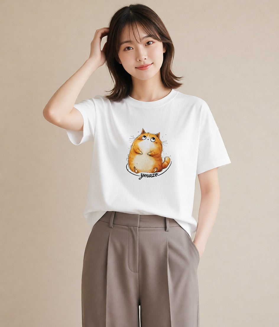 プリントTシャツ レディース 茶トラ 茶猫 猫 ねこ イラスト 淡色 デイリーウェア 休日 白T