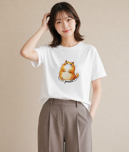 プリントTシャツ レディース 茶トラ 茶猫 猫 ねこ イラスト 淡色 デイリーウェア 休日 白T