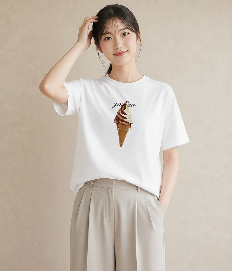 グラフィックTシャツ レディース ソフトクリーム 食べ物 フード イラスト ミニマル 夏コーデ 通学 白T