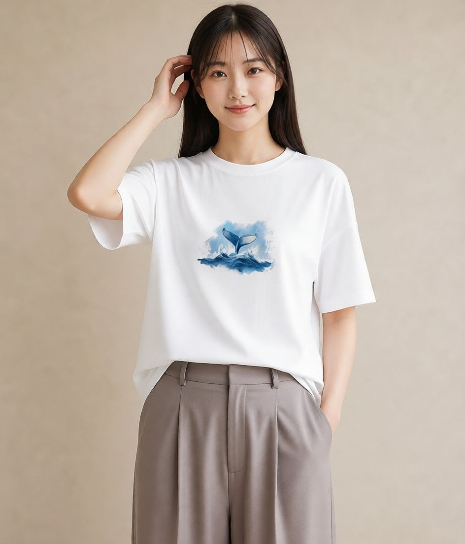 グラフィックTシャツ レディース クジラ 海の生き物 海 イラスト レトロ 母娘コーデ 自分用 白T