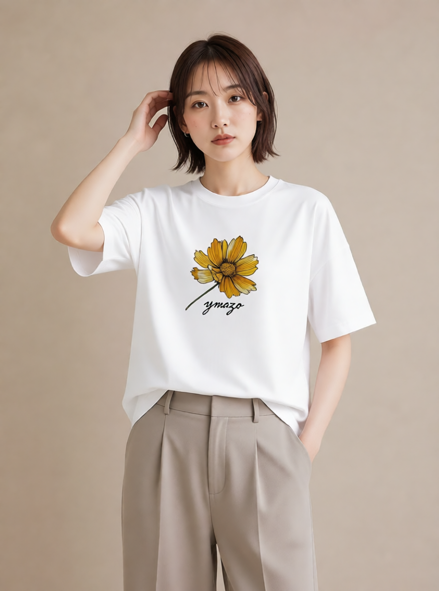 Tシャツ レディース デイジー 花 花柄 イラスト アート風 通勤 在宅 白T