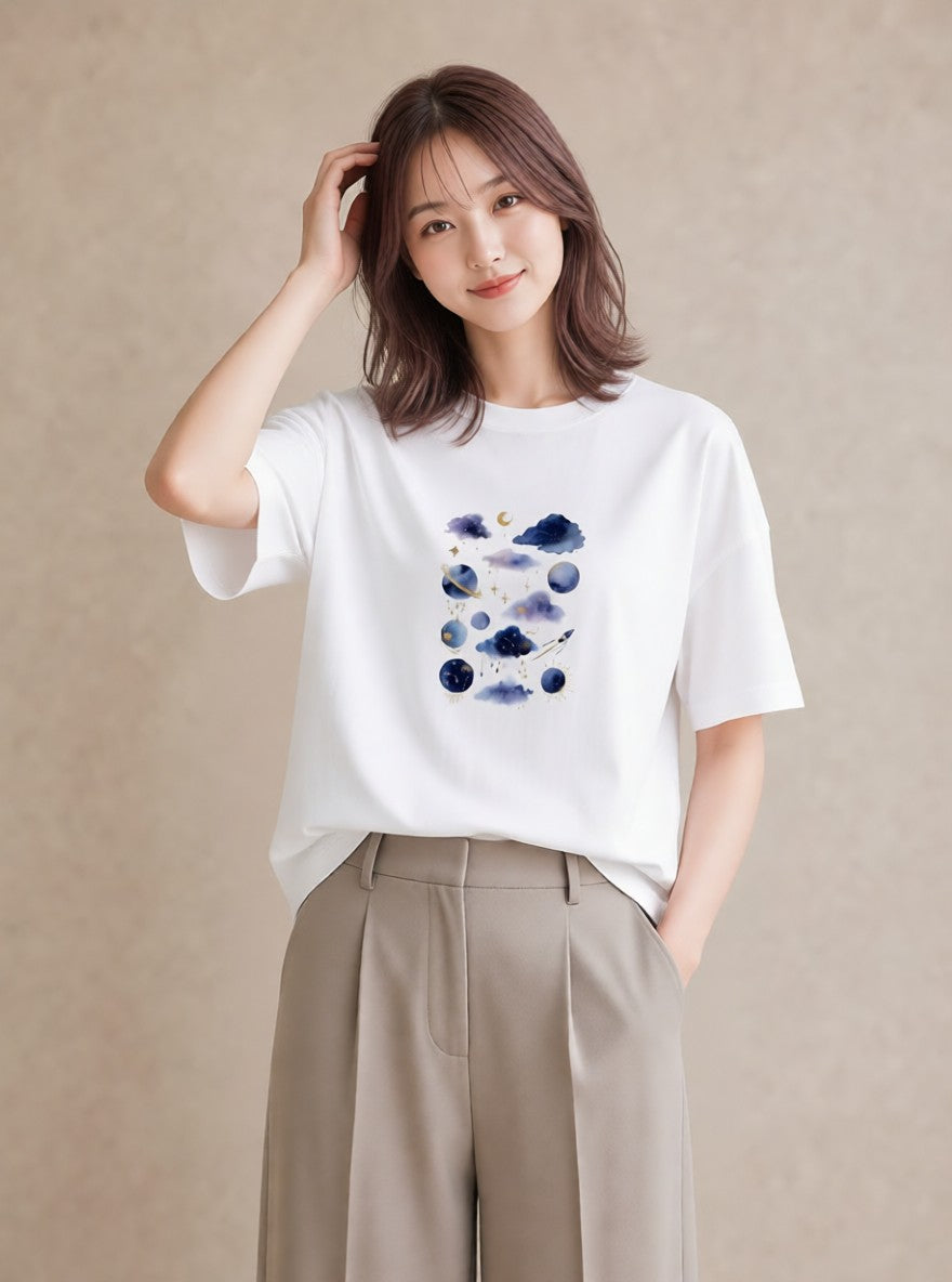 グラフィックTシャツ レディース 蟹座 星空 宇宙 イラスト カフェコーデ 旅行 母娘コーデ 白T