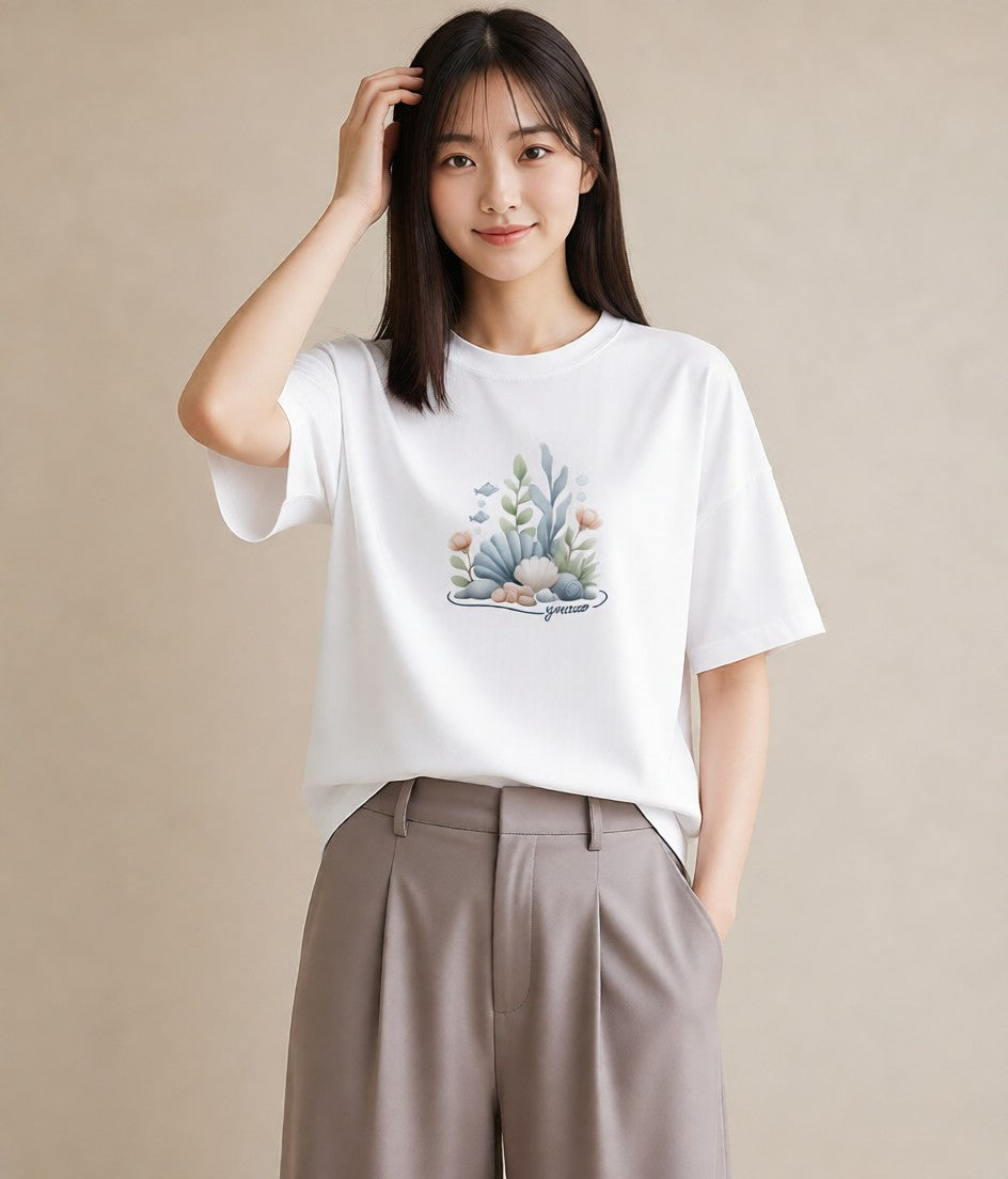 半袖Tシャツ レディース サンゴ 海の生き物 海 イラスト ラフ 自分用 ルームウェア 白T
