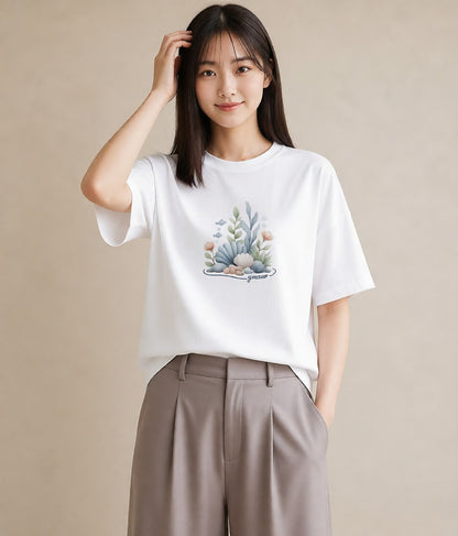 半袖Tシャツ レディース サンゴ 海の生き物 海 イラスト ラフ 自分用 ルームウェア 白T