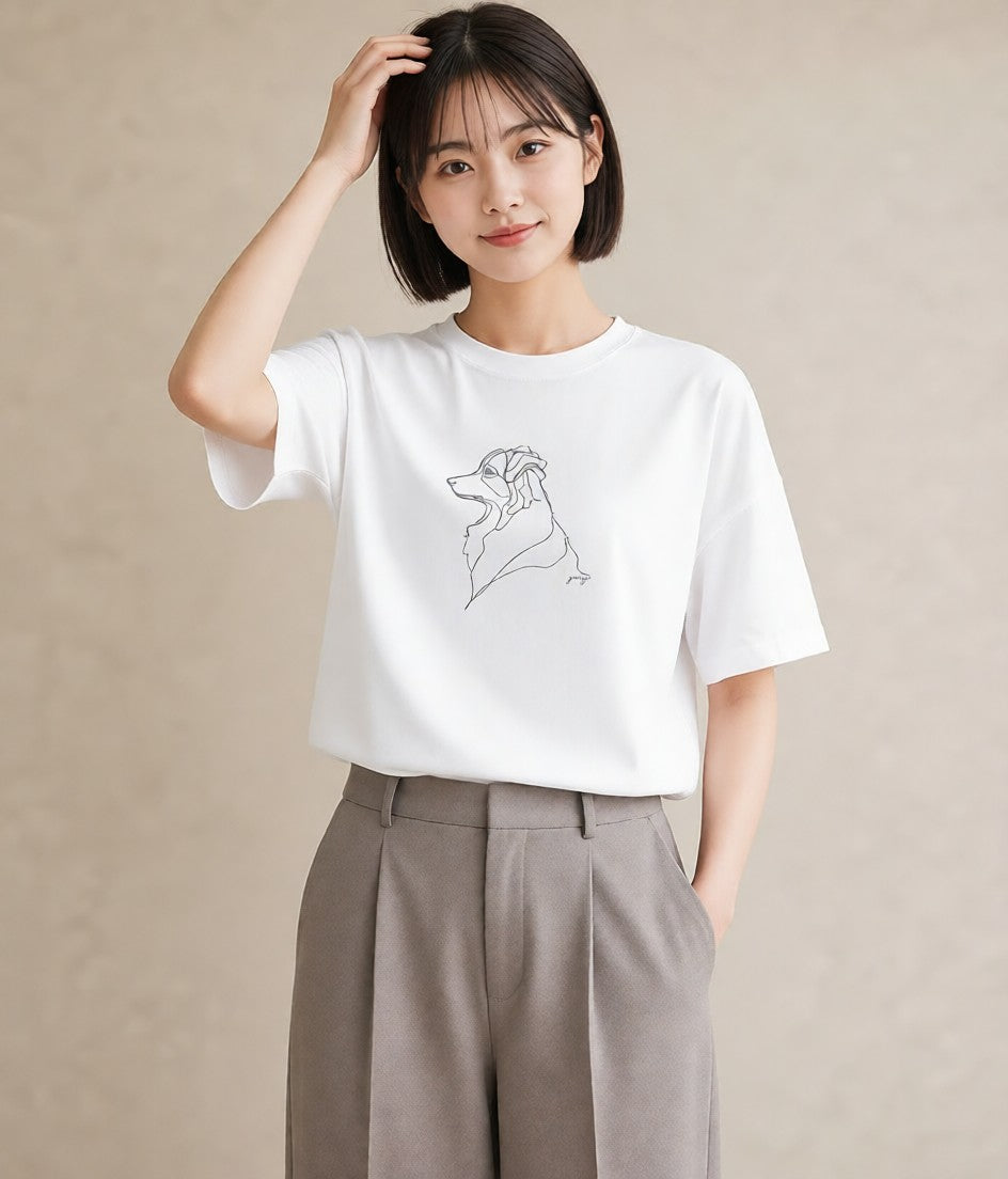 Tシャツ レディース 犬 いぬ わんこ イラスト ヴィンテージ風 ペアコーデ 秋コーデ 白T
