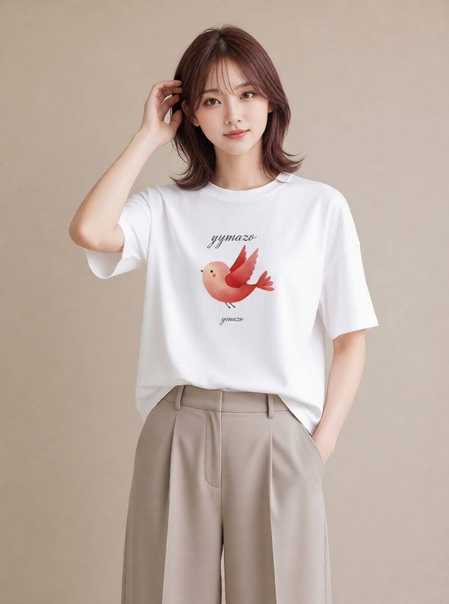 プリントTシャツ レディース 文鳥 ペット 動物 イラスト 線画 ペアコーデ 秋コーデ 白T